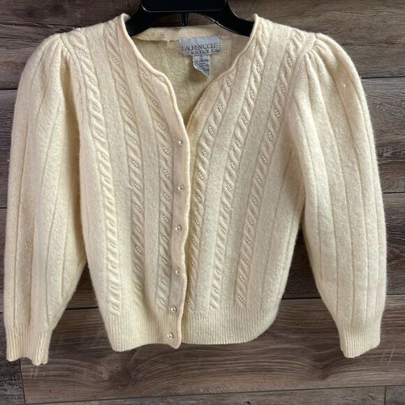 Lauren Cole Lambswool,Angora,Nylon Ladies Sweater Cardigan,Cream,Small Petite - Picture 2 of 7